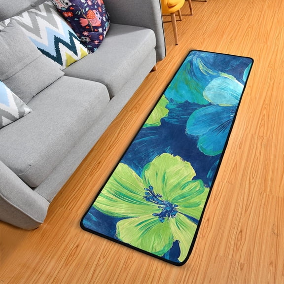 Blue and Green Flowers Oil Painting Long Floor Mat Runner Rug Area Mat Noise Reduction Water Absorbent Non-Slip 72" x 24"