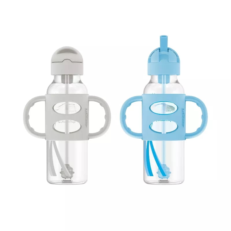 Narrow Sippy Straw Bottle with Silicone Handles, 8 fl oz 2-Pack, 6m+, BPA-Free, Fast Flow, Green and Gray, Infant Sippy Bottle, Baby Feeding Bottle