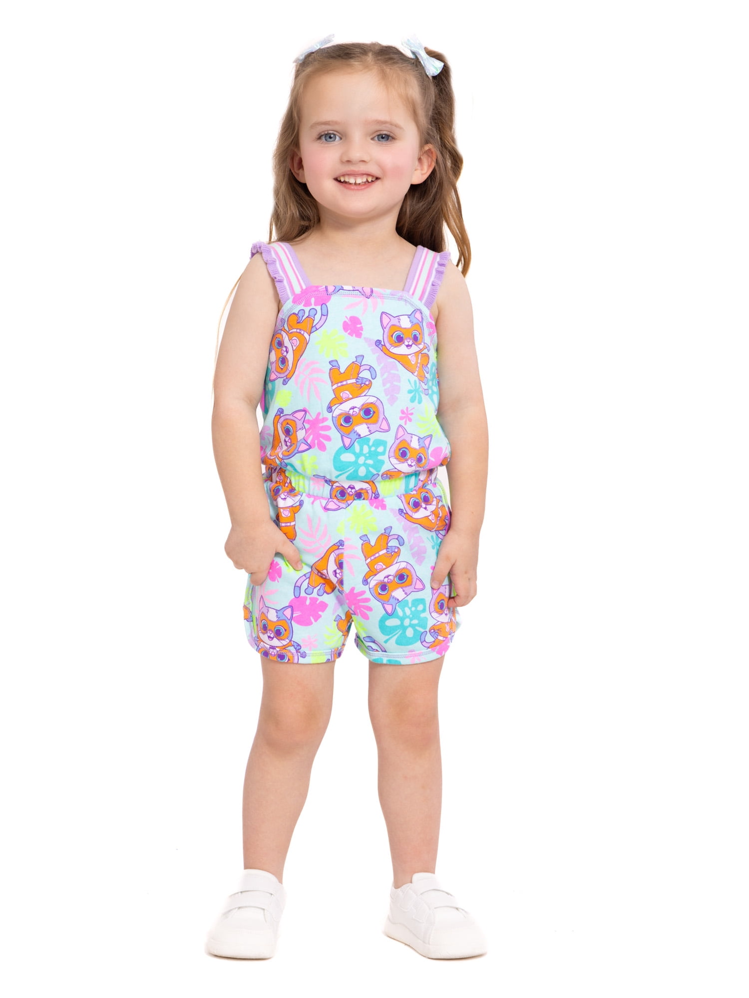 SuperKitties Toddler Girls Sleeveless Graphic Romper, Sizes 12M-5T