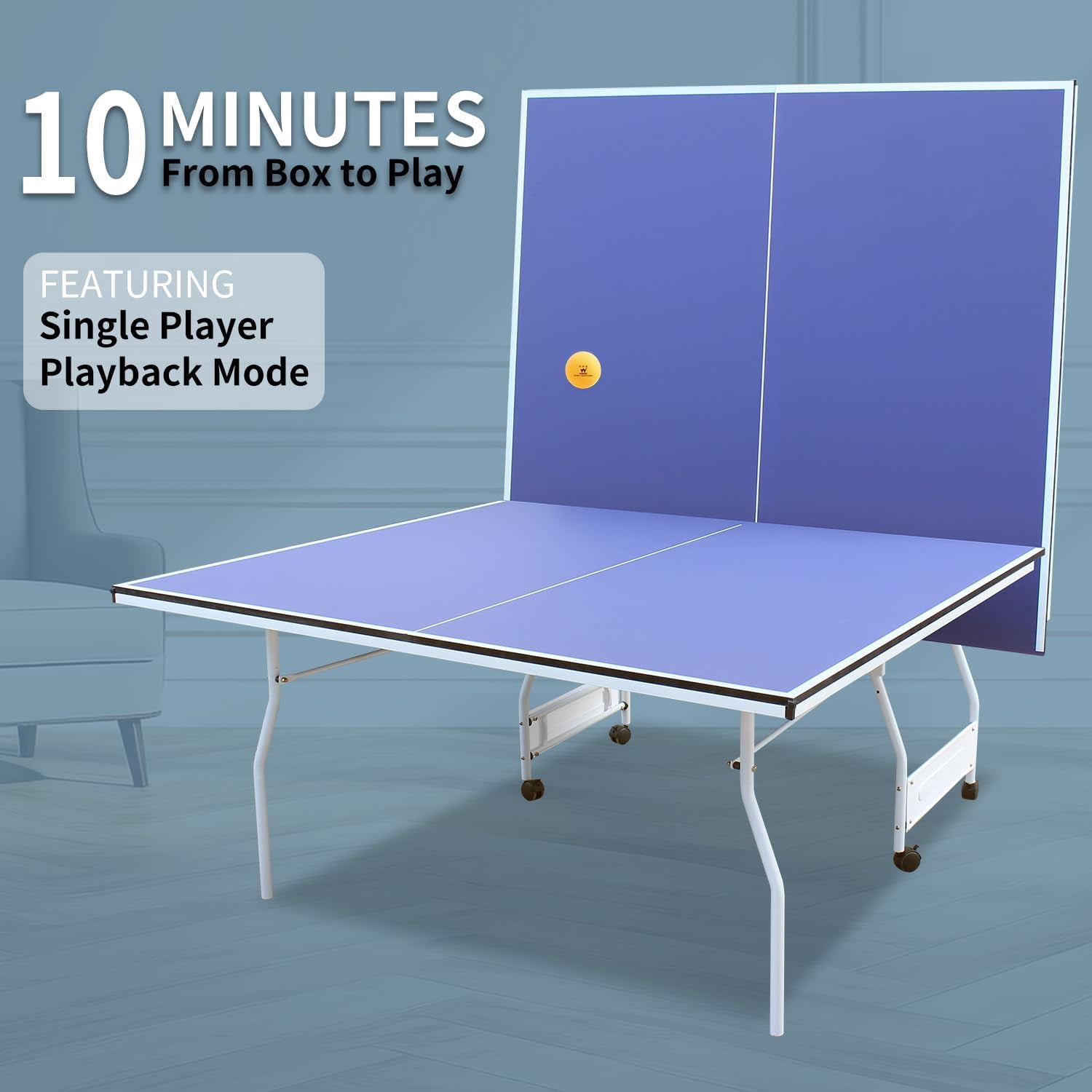 HooKung 9ft Mid-Size Table Tennis Table, Foldable Ping Pong Table sets, 0.5'' Thick for Indoor with Net, 2 Table Tennis Paddles and 3 Balls