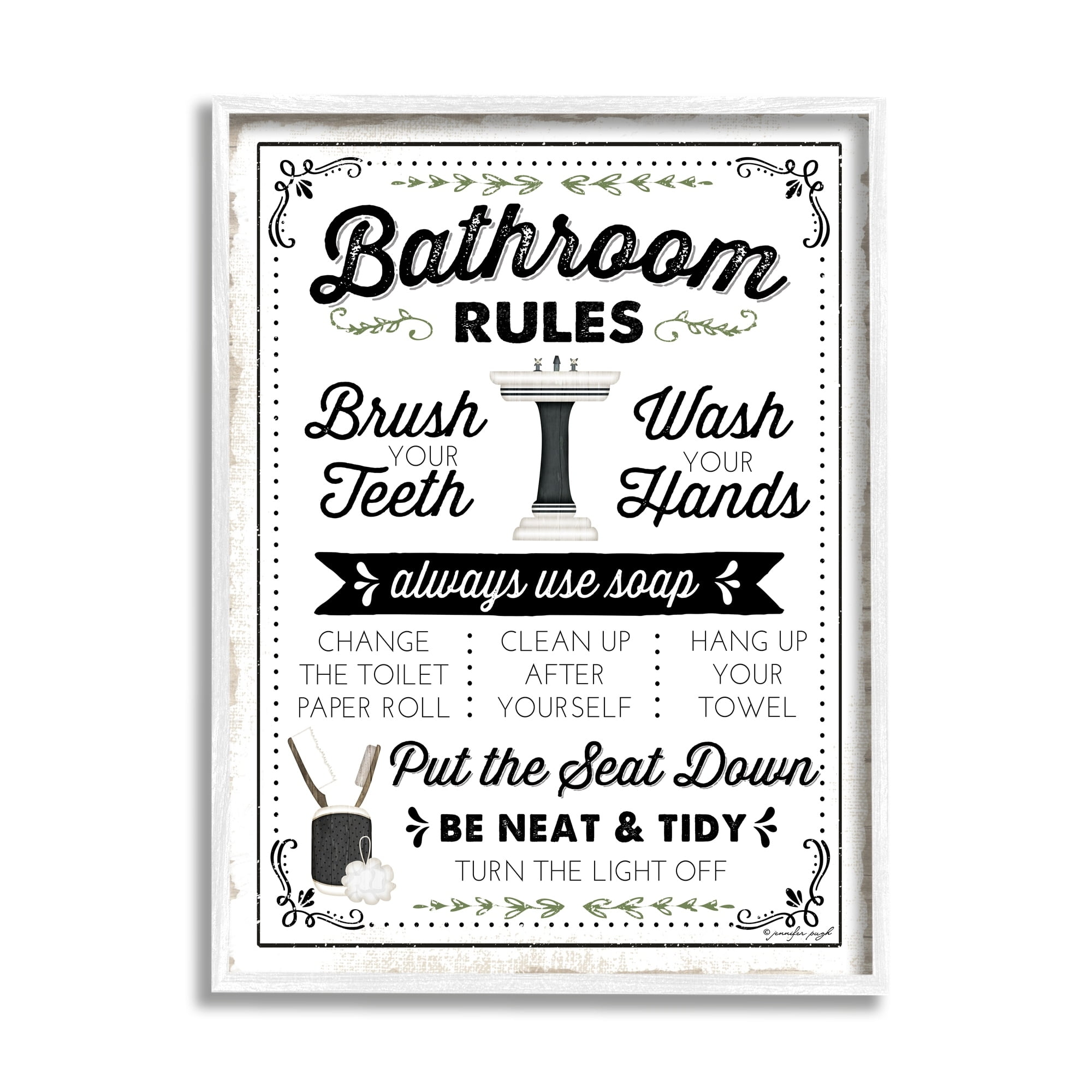 Stupell Industries Bathroom Rules Vintage List Typography Painting White Framed Art Print Wall Art