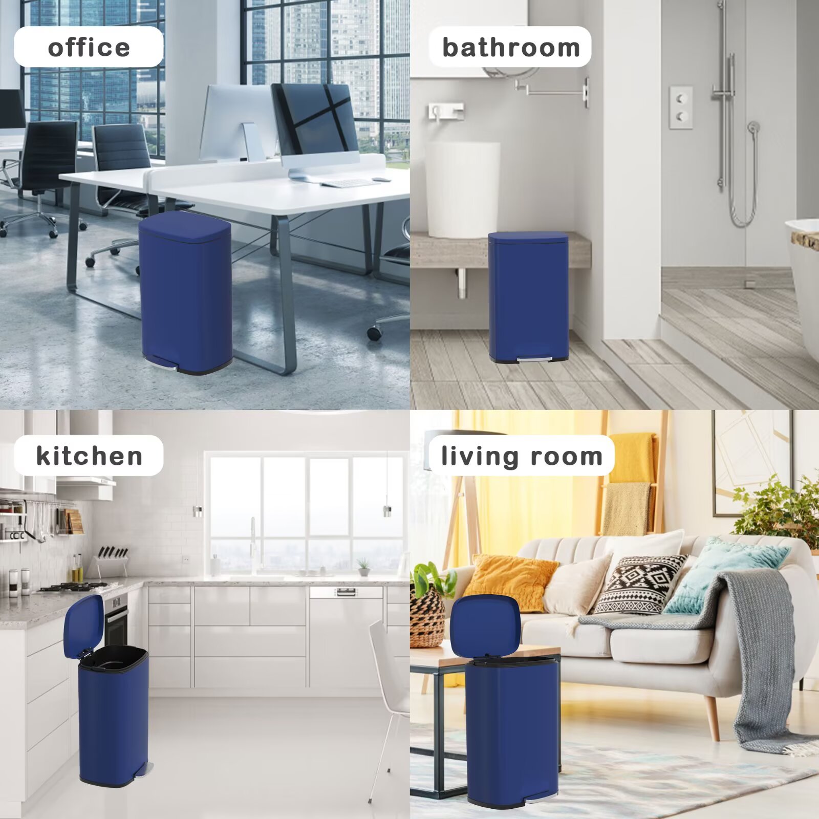 YRLLENSDAN 50 Liter/13 Gallon Stainless Steel Trash Can, Garbage Can with Lid and Removable Inner Bucket, Fingerprint Proof Trash Bin for Bathroom Kitchen Bedroom Office, Deep Blue