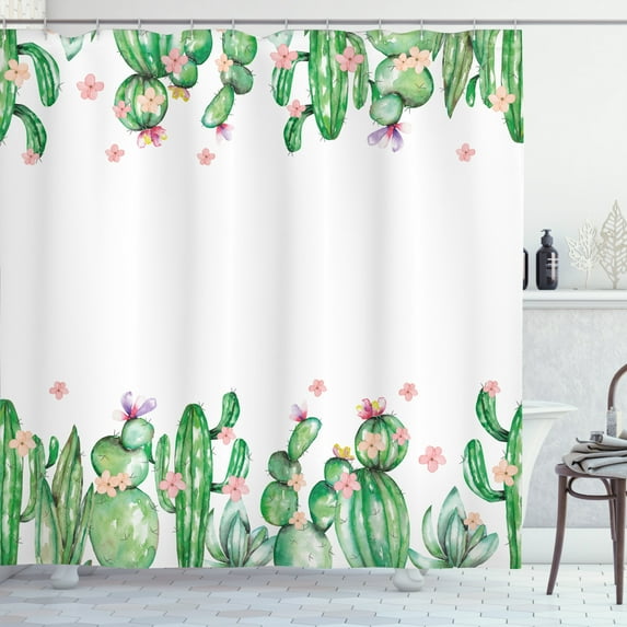 Ambesonne Cactus Shower Curtain, Tender Romantic Blossoms, 69"Wx84"L, Green Coral Lavender