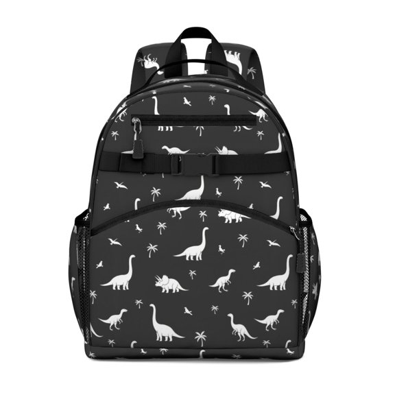 Dinosaur and Palm Black Pattern Cute School Backpack Bag for School with Padded Back and Adjustable Shoulder Straps 15.25"x11.5"x5.25"