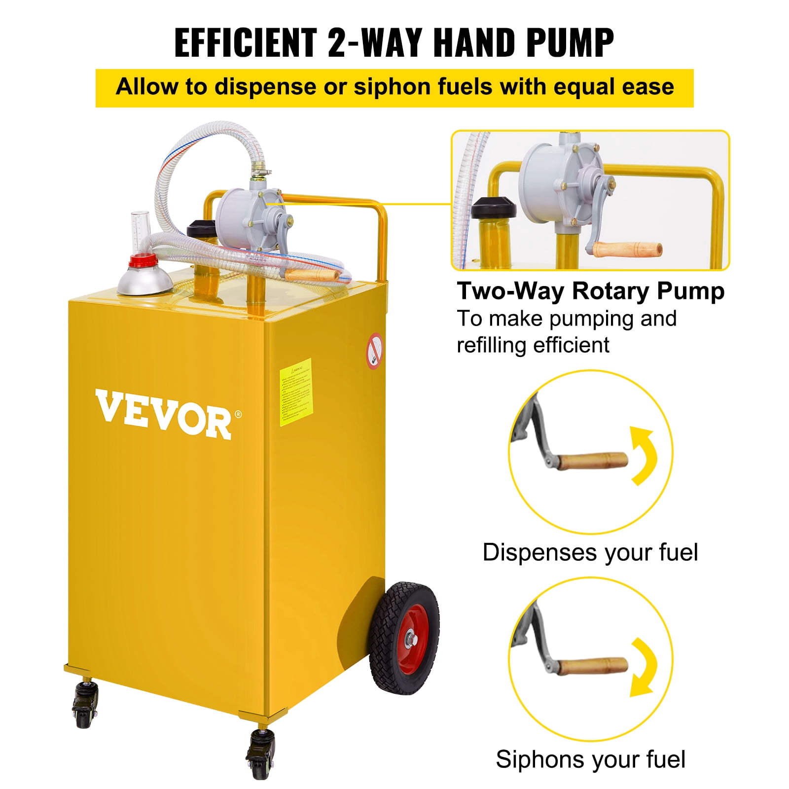 SKYSHALO 35 Gallon Gas Caddy, Fuel Storage Tank with 4 Wheels, Portable Fuel Caddy with Manuel Transfer Pump, Gasoline Diesel Fuel Container for Cars, Lawn Mowers, ATVs, Boats, More, Yellow