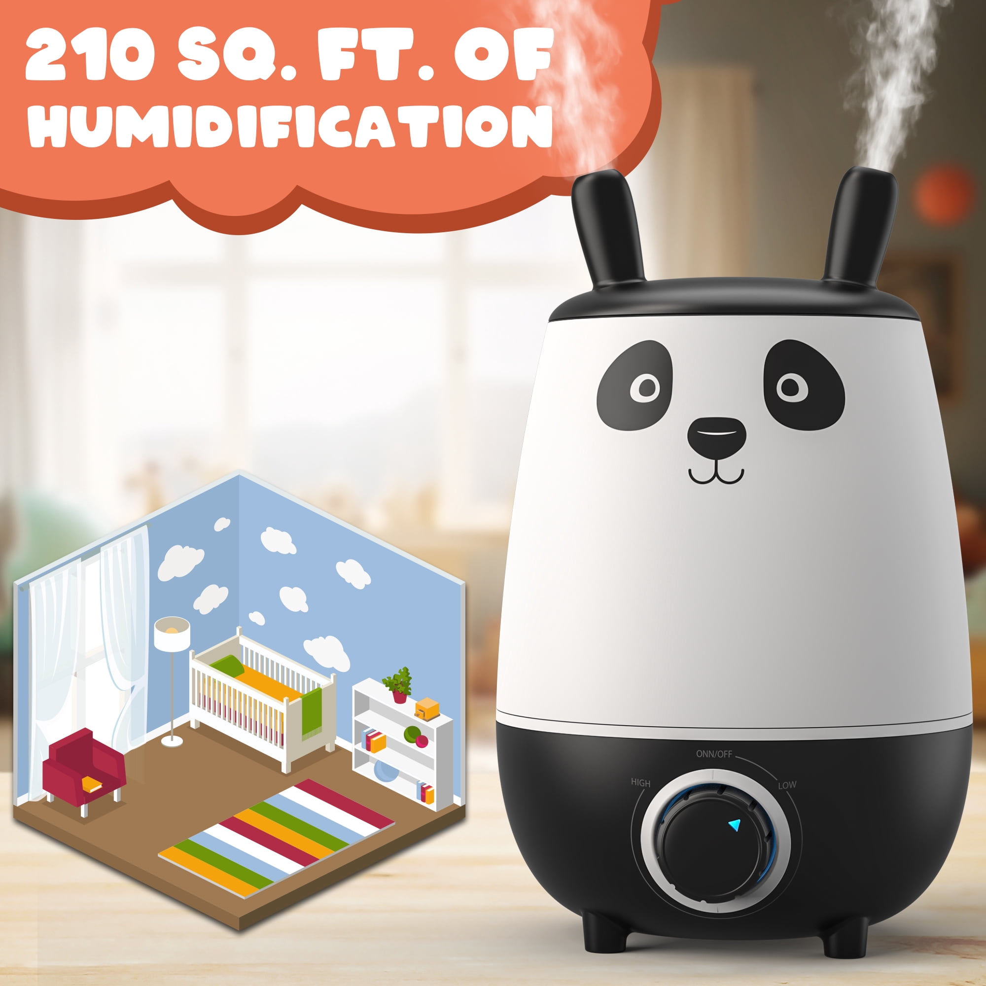 Everlasting Comfort Quiet Panda Humidifier for Babies & Nursery, 2.5L Top Fill, Auto Shut-Off, Cool Mist