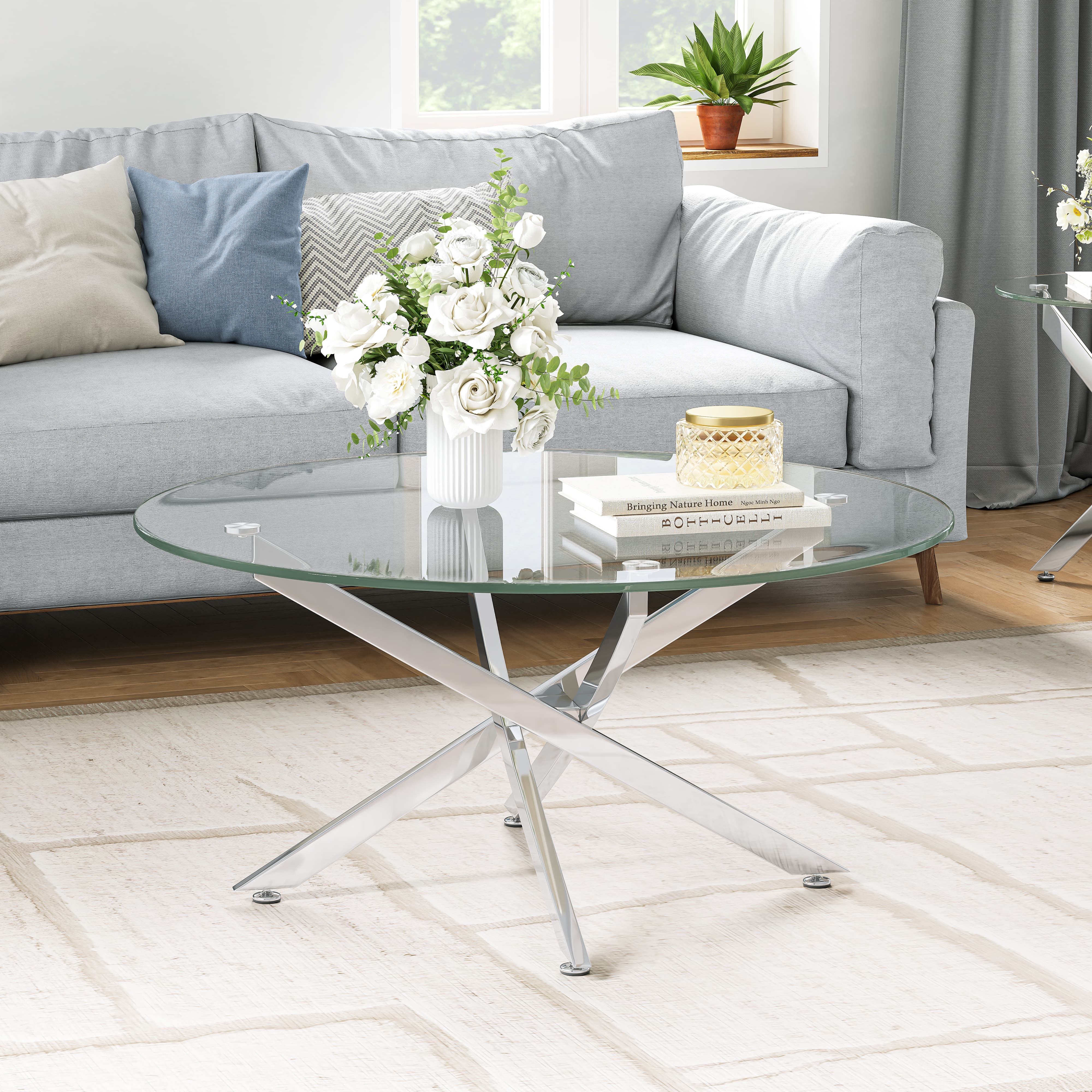 3-Piece Modern Living Room Set-35.43" Round Glass Coffee Table & 23.62" End Tables, Stainless Steel Base & Tempered Safety Glass Top, Sleek Set for Home, Apartment, Office