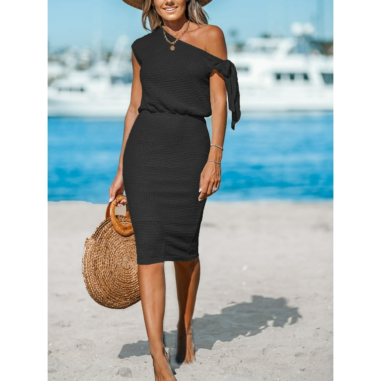 Cupshe Women s Knit Off Shoulder Beach Dress Shoulder Tie Short Sleeve Elastic Waist Midi Casual Dresses Black
