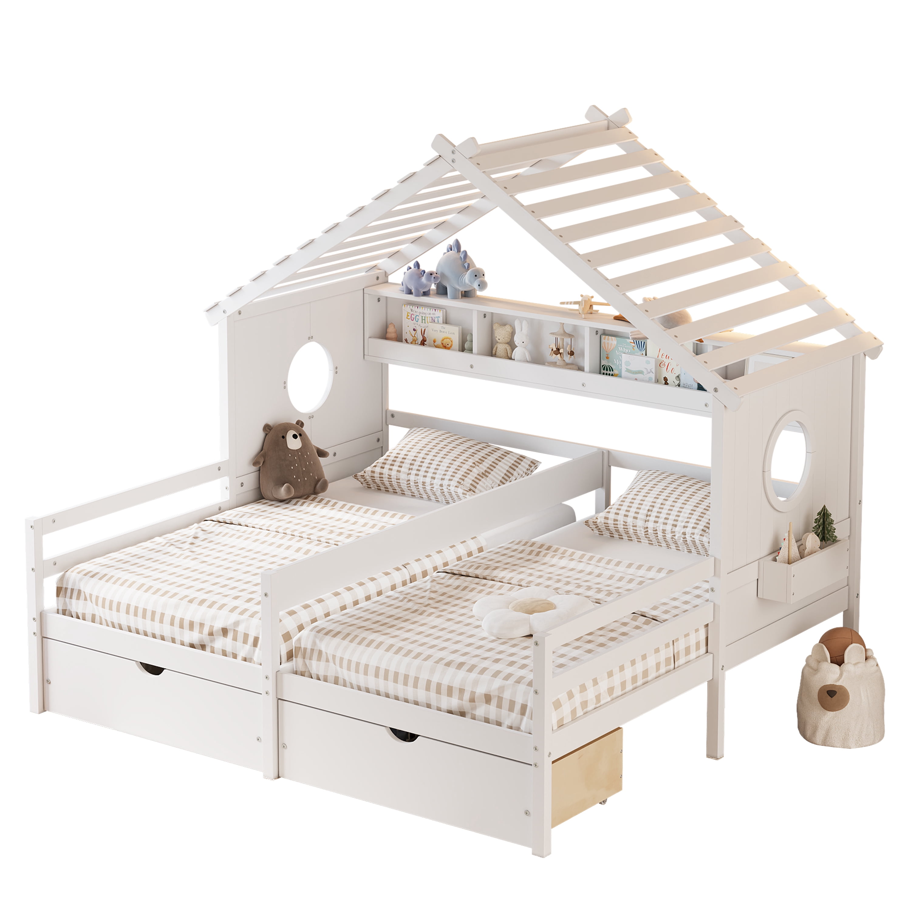 Euroco Wood Twin Size Platform Bed, Side by Side 2 Beds in 1 with Storage Shelves and Drawers, White