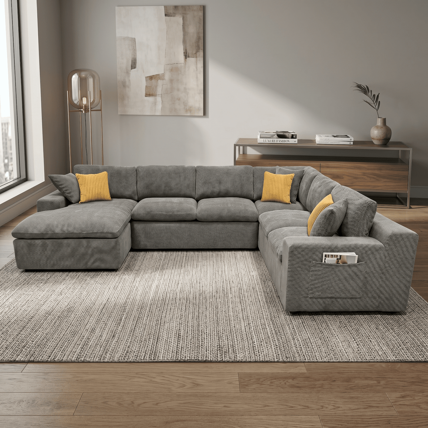 Howcool 135" Oversized Cloud Couch Modular Sectional Sofa, Deep Seat Sectional Couch with Side Pockets & Toss Pillows, 6 Seat Upholstered Sofa with Toss Pillows for Living Room,Grey