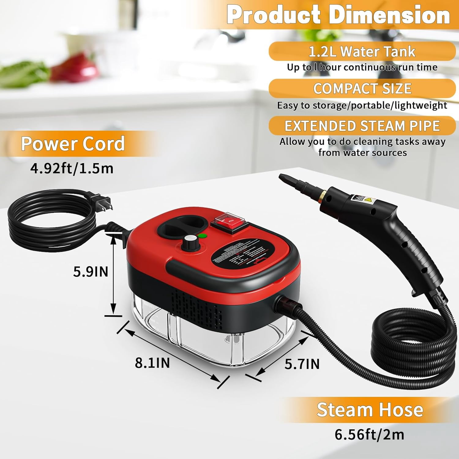 2500W Portable High Temperature Steam Cleaner, Handheld Steamer with Brush Heads for Car Detailing, Couch, Windows, Kitchen, Bathroom, Grout & Tile Cleaning(Red)