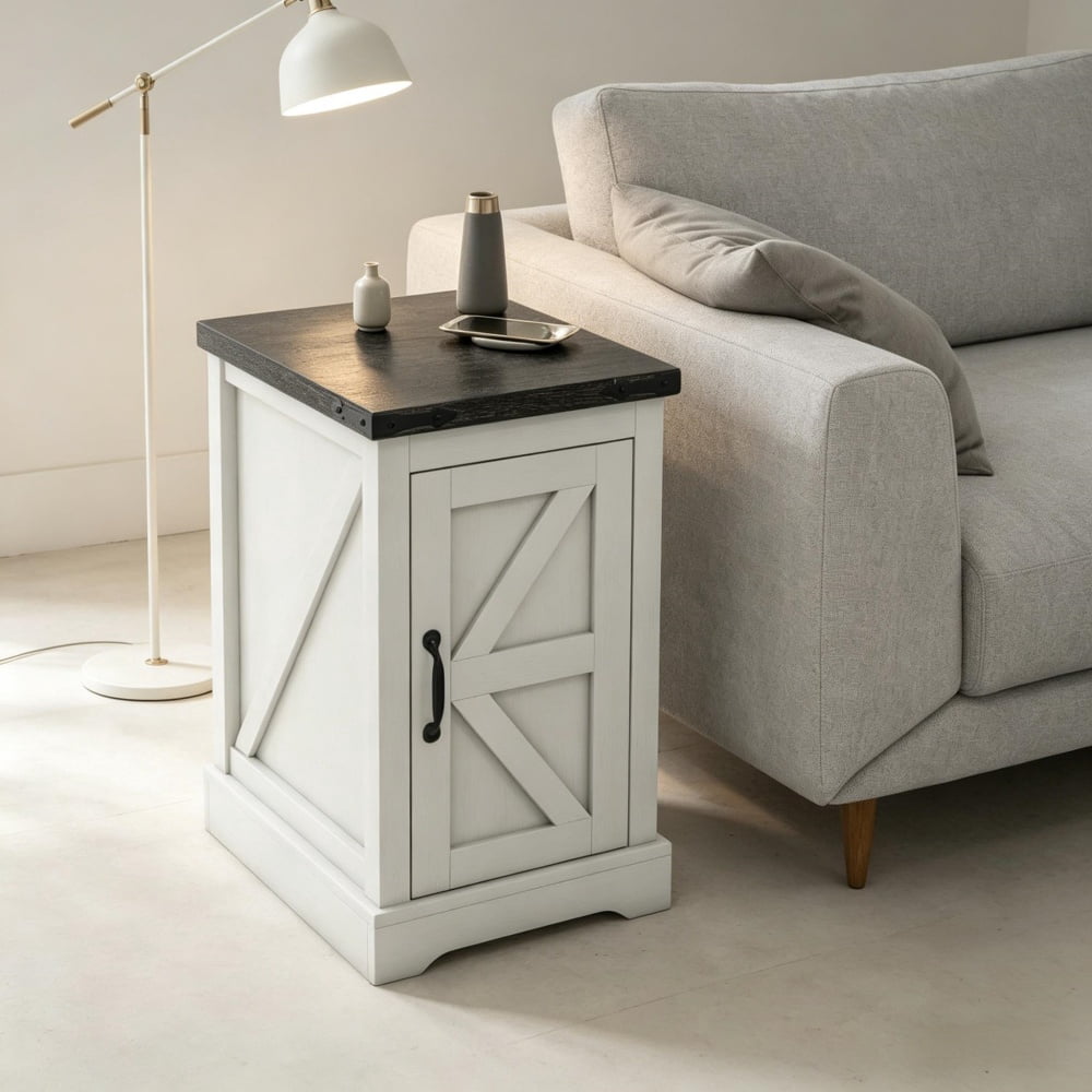 Distressed White Farmhouse End Table with AC Outlets & USB Ports, 2-Tier Storage Cabinet with Barn Door, Anti-Tipping Rustic Side Table for Living Room Bedroom