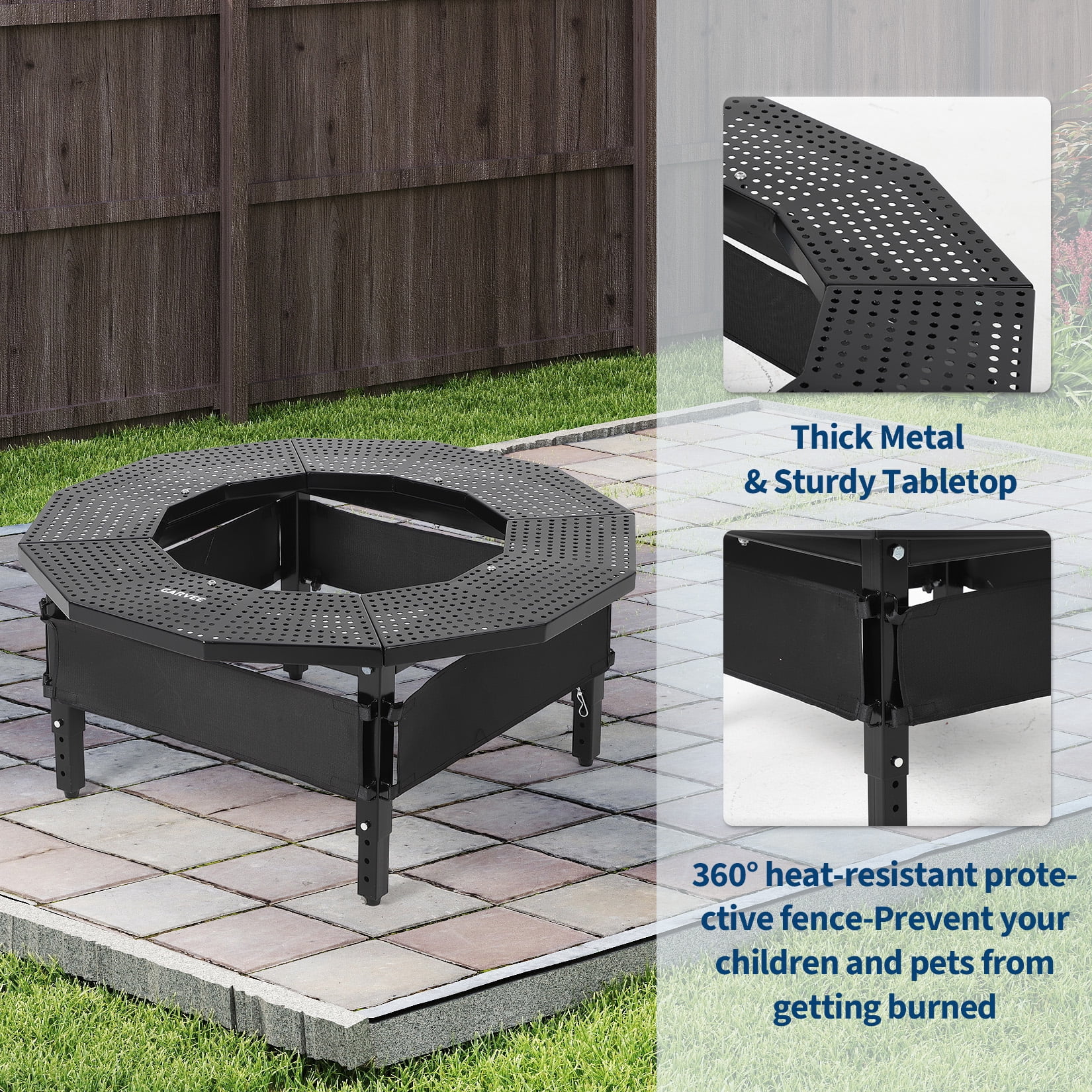 Black Fire Pit Table Surround – 360° Safety Barrier for Solo Stove, Heavy Duty Q235 Steel Campfire Table, UV-Resistant Outdoor Patio Accessory, Rustproof Metal Portable Fire Pit Stand