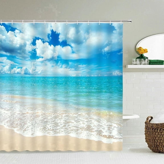 Beach Sea Palm Trees Scenery Waterproof Shower Curtain with Hooks, Washable Bathroom Decor, 59x70.8 Inches (150x180 cm)
