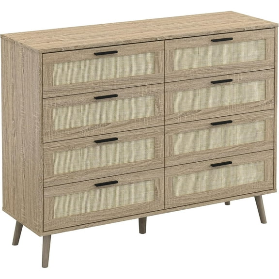 Panana 3/6/8 Drawers Dresser, Wooden Rattan Chest of Drawers with Rattan Front Spacious Storage Chest Bedside Table Nightstand Cabinet for Living Room, Closet, Hallway, Bedroom