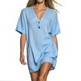 thumbnail image 4 of Ygbgbb Women V‑Neck Henley Mini Tunic Dress, Short Sleeve Half‑Placket Loose Fit Casual Shift Dress for Beach Cover‑Up and Everyday Summer Wear Sky Blue S, 4 of 7
