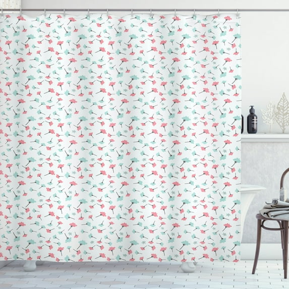 Blue and Pink Shower Curtain, Doodle Style Blossoming Nature Growth Feminine Design, Fabric Bathroom Set with Hooks, 69W X 84L Inches Extra Long, Charcoal Grey Pale Blue Pale pink, by Ambesonne