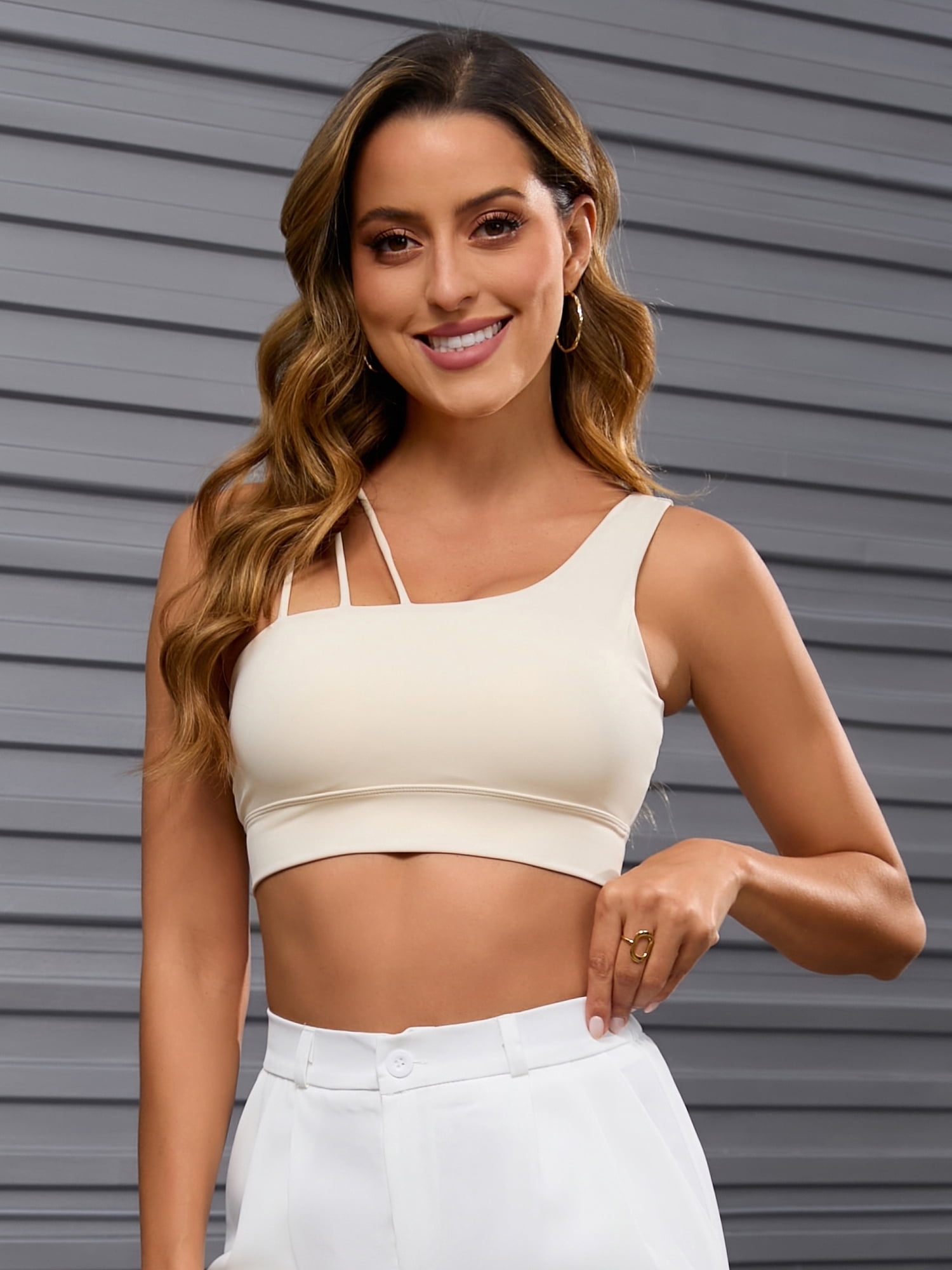 DARING DIVA Women's Three Spaghetti Thin Straps Sports Bra Fitness Tank Top Beige S