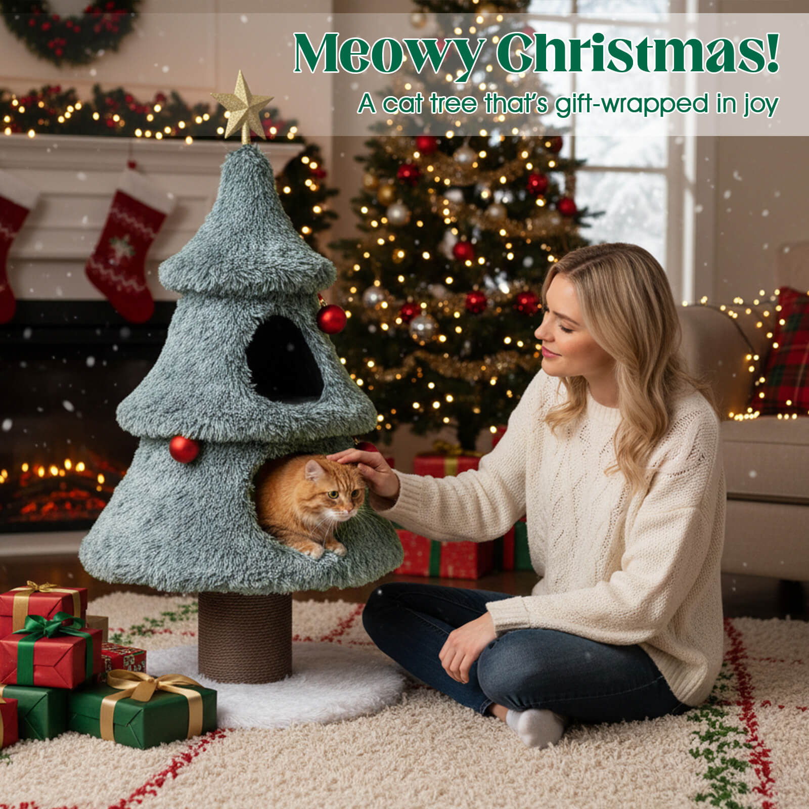 Costway 48.5” Christmas Cat Tree for Indoor Cats with 2 Large Condos, Scratching Post