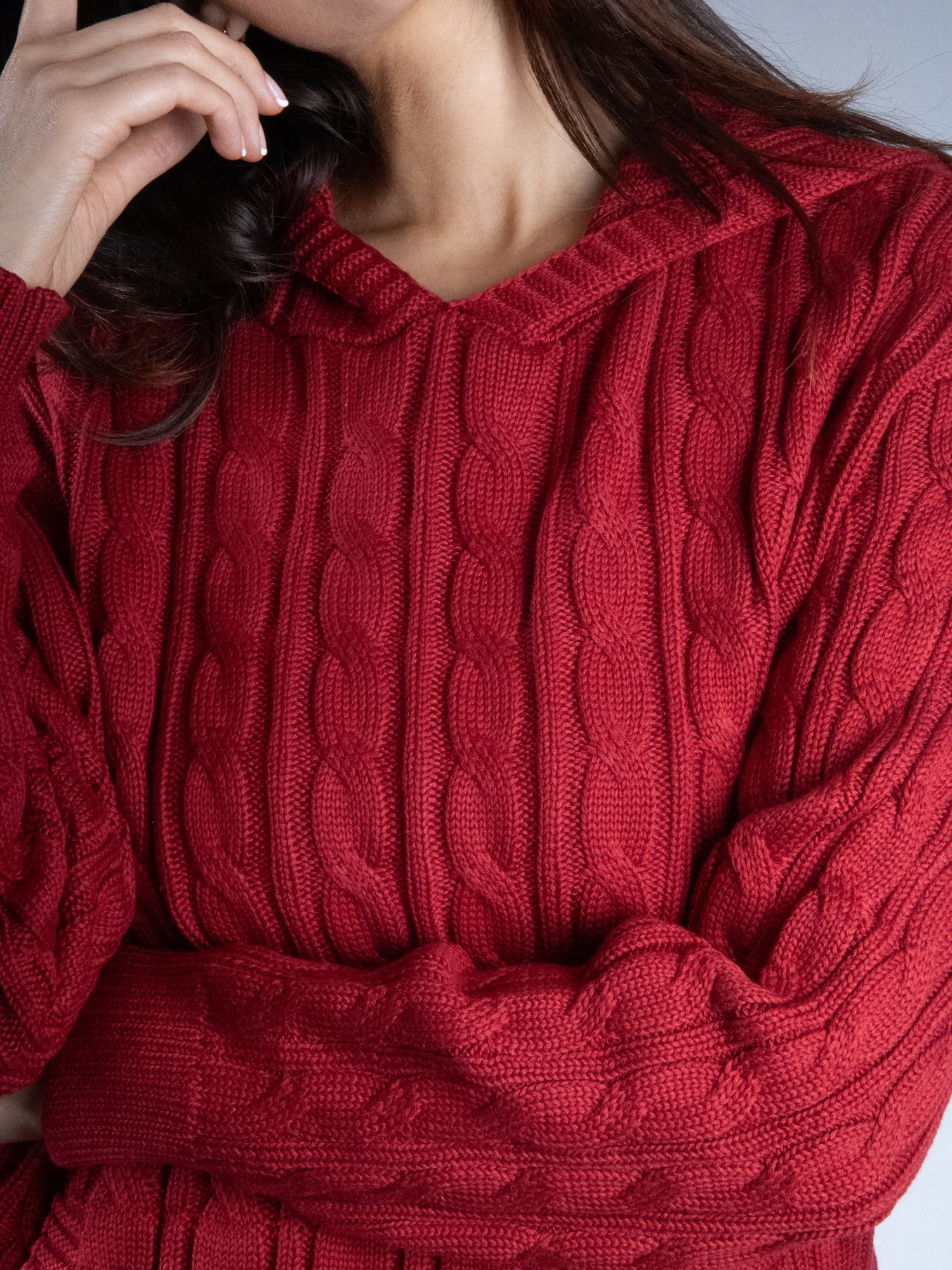DARING DIVA Women's Stylish Oversized Cable Knit Hooded Sweater S Red