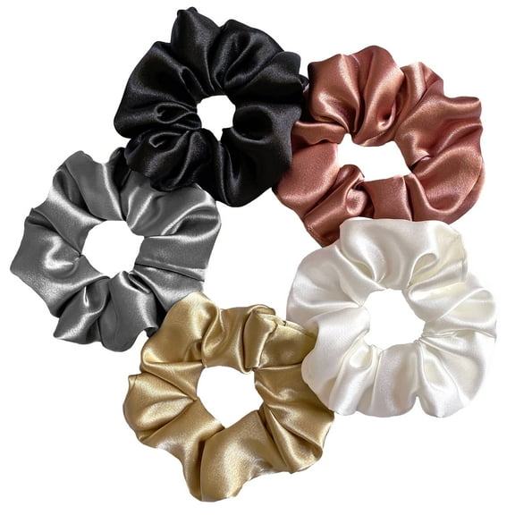 Silvr Bear Luxury Satin Scrunchies for Women & Girls - 5 Pack - Scrunchie Hair Tie - Classic Shades
