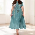 thumbnail image 2 of LWavelet Women's Plus Size Vintage Green Maxi Dress Short Sleeve Tie Waist Casual Lace Trim Dress with Pockets Blue L, 2 of 7