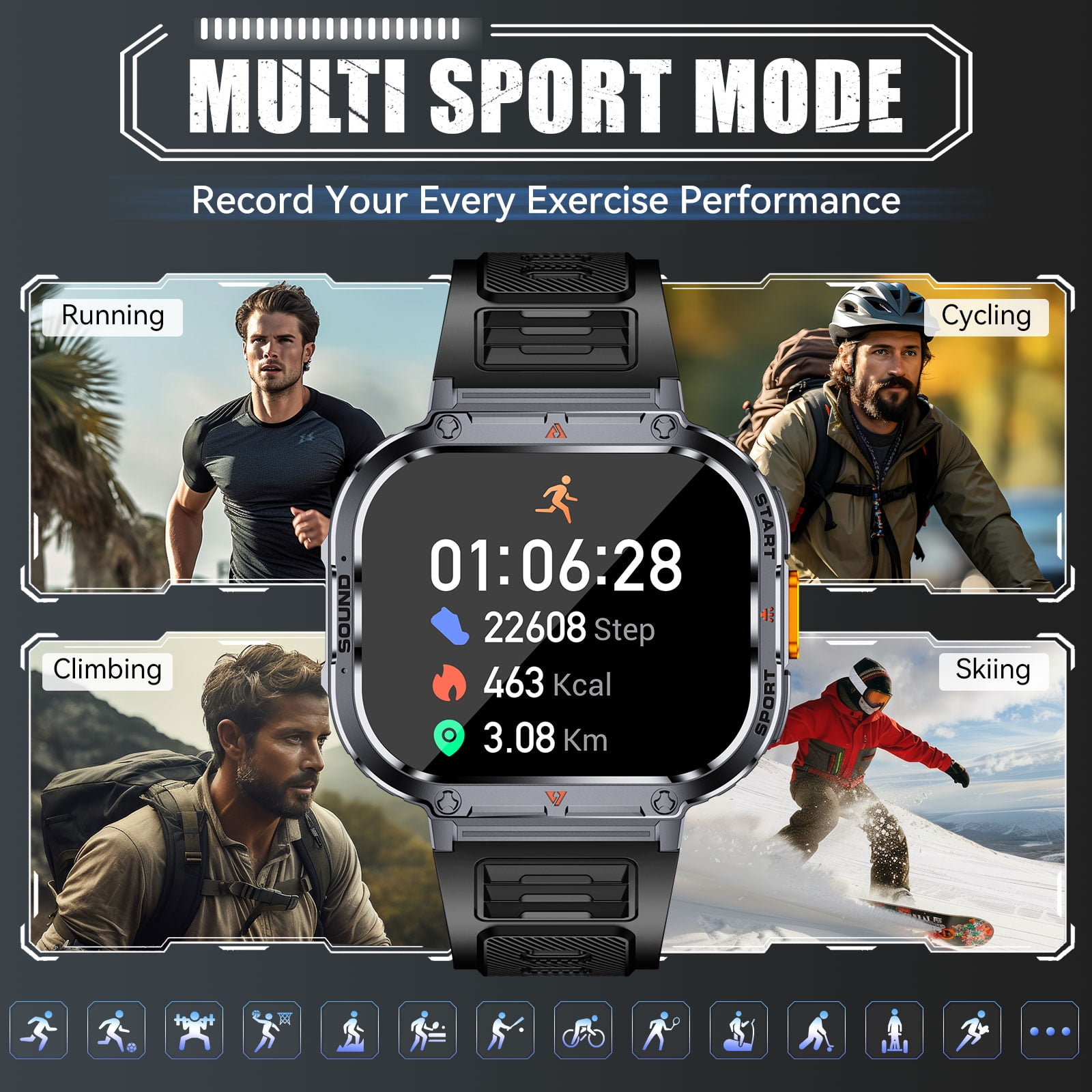 VOPOCO NX23 Smart Watch for Men with Flashlight 2.0'' HD Big Screen Rugged Smart Watch, 400mAh Battery, 100+ Sports Modes Watch for iOS Android, 1pc