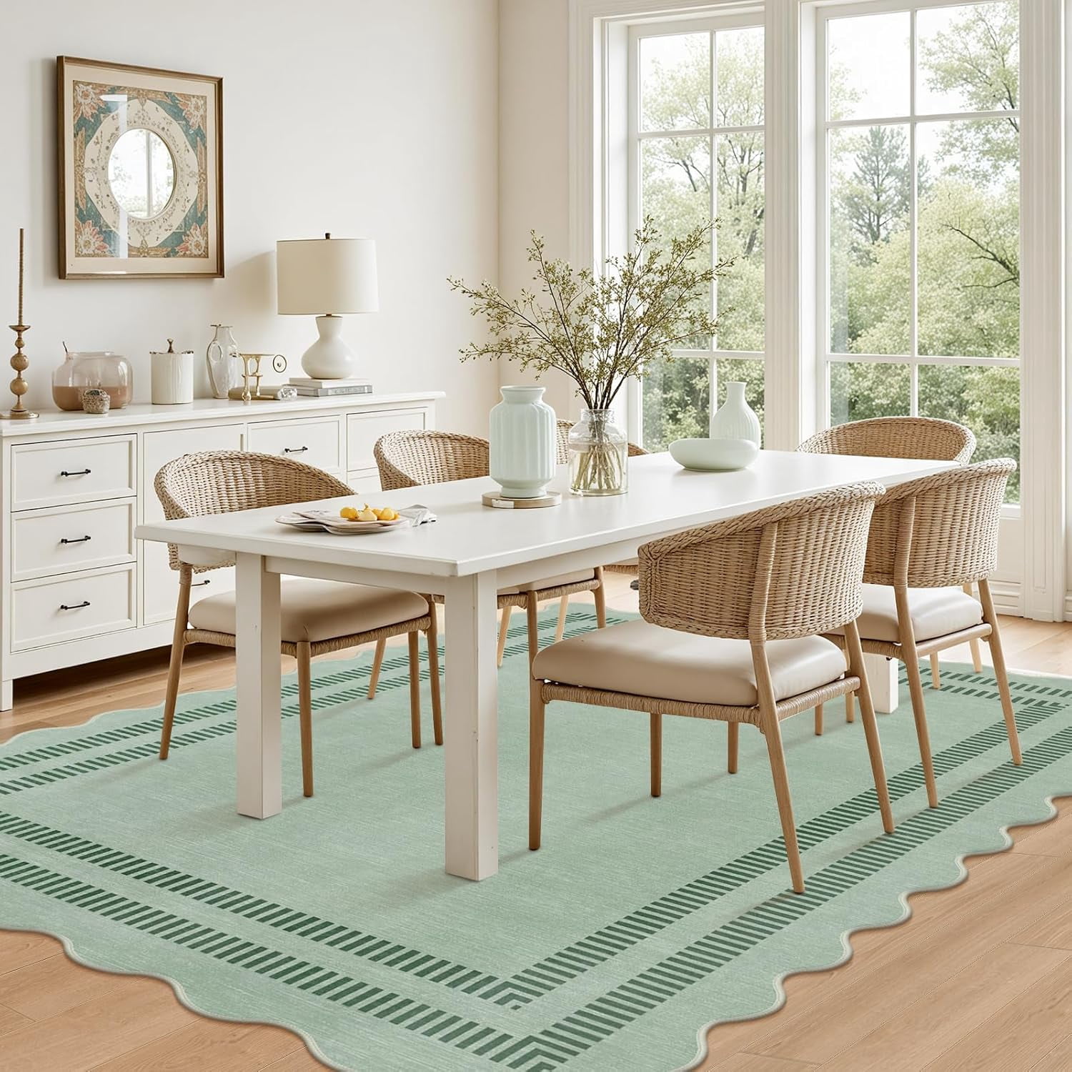 Scalloped Rug 5x7, Green Rugs for Living Room Ultra-Thin, Washable Area Rug Soft Rugs Non-Slip Throw Carpet for Bedroom ‎Dining Room Playroom