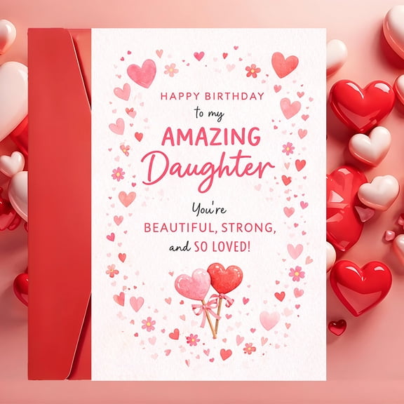Birthday Card for Daughter - "You're Beautiful, Strong, and So Loved!" with Heart and Flower Design - Blank Inside, Envelope Included - Perfect Gift for Any Birthday Celebration