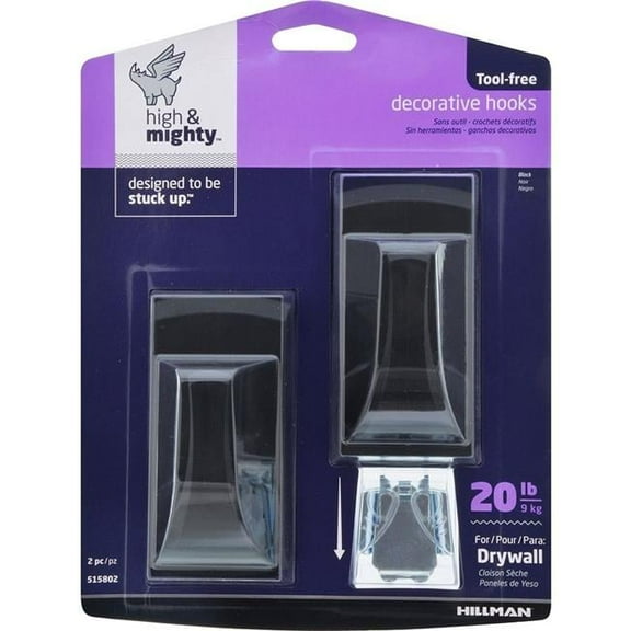 Hillman Fasteners 20lbs Plastic High & Mighty Decorative Hook , Black - 2 Piece
