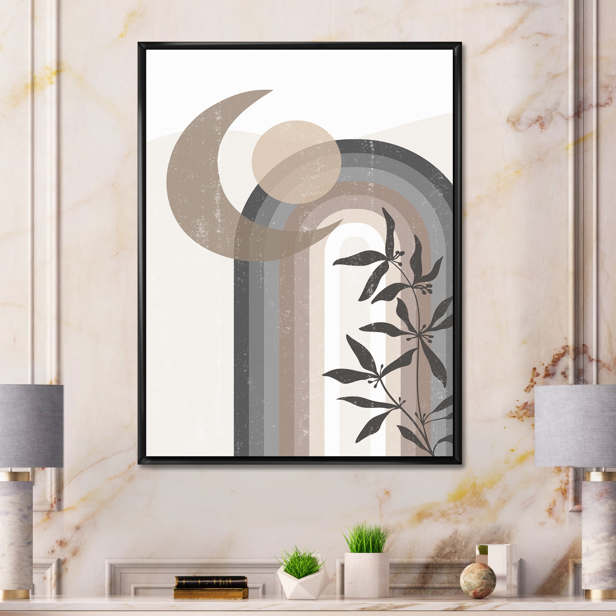 Designart 'Abstract Moon and Sun In Gray and Blue' Modern Framed Canvas Wall Art Print