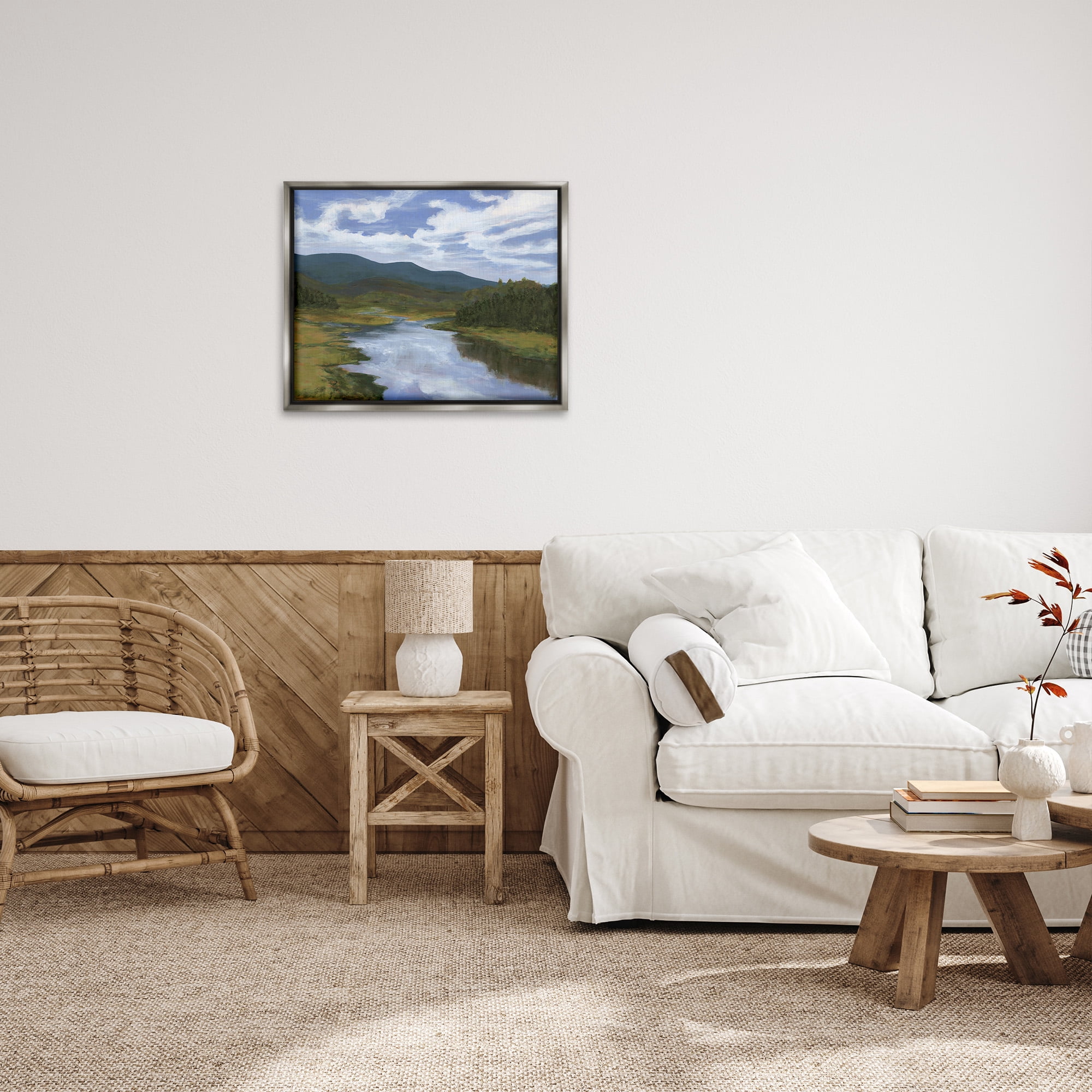 Stupell Industries Cloudy River Landscape Landscape Painting Gray Floater Framed Canvas Art Print Wall Art, 31 x 25