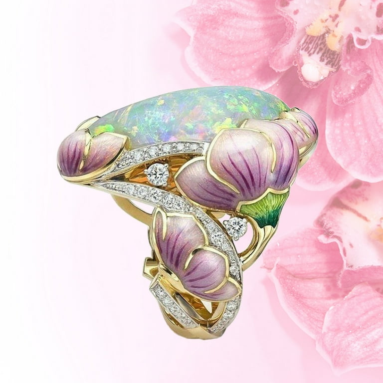 Ring Opal Flower Crystal Floral Joint Stone Zirconia Cubic Plated Gold  Stackable Sterling Silver Rings Birthstone
