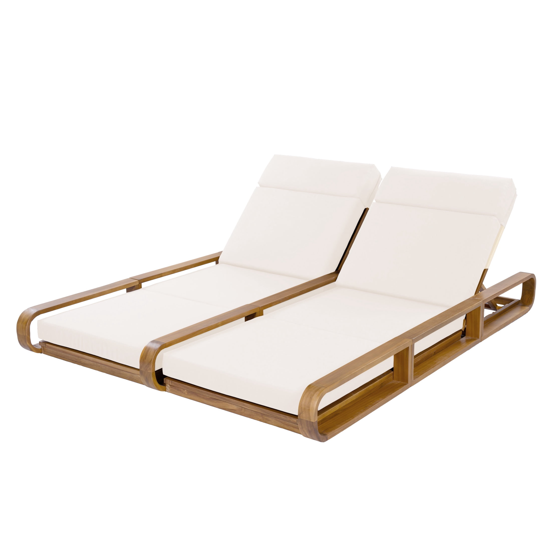 Christopher Knight Home 79" Outdoor Double Chaise Lounge Set with 4-Fold Cream Cushions, Teak