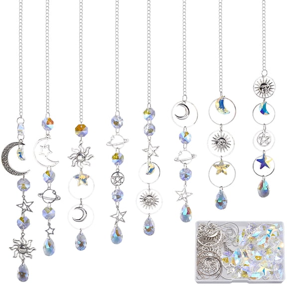 1 Box DIY 8 Sets Sun Moon Suncatcher Kit Sun Catcher Crystals Vintage Silver Tibetan Style Faceted Ab Colors Rainbow Maker Suncatcher Kit