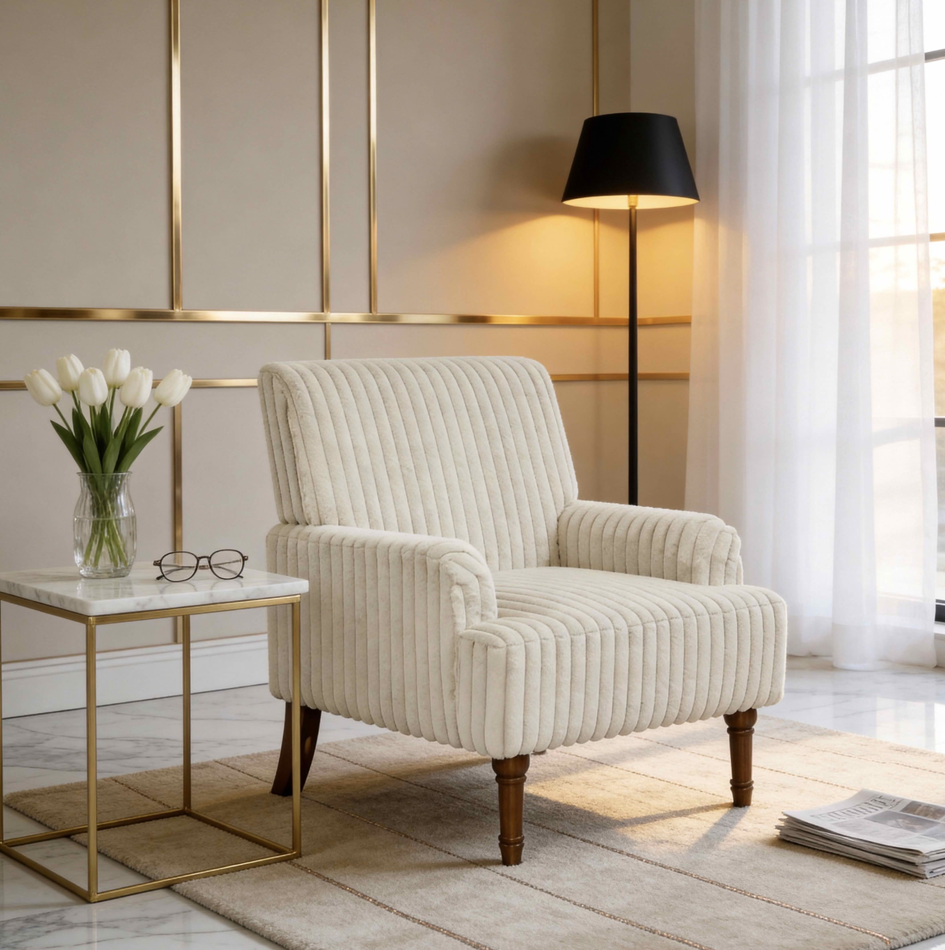 MAYEERTY 30 In Wide-Wale Corduroy Accent Chair, Plush Upholstered, Solid Wood Legs, Beige