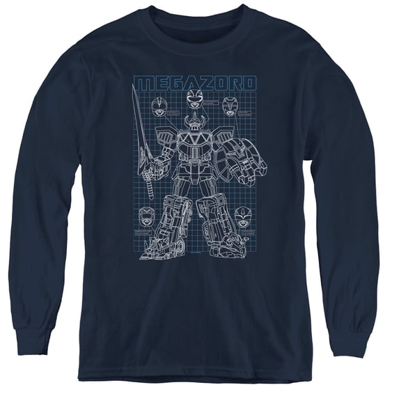 Power Rangers Mega Plans Youth Long Sleeve T-Shirt Tee Navy