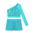 thumbnail image 4 of Doomiva Kids Girls Hip Hop Jazz Dance Outfits Sequins Mesh Long Sleeve One Shoulder Crop Top and Booty Shorts Set Light Blue 6, 4 of 6