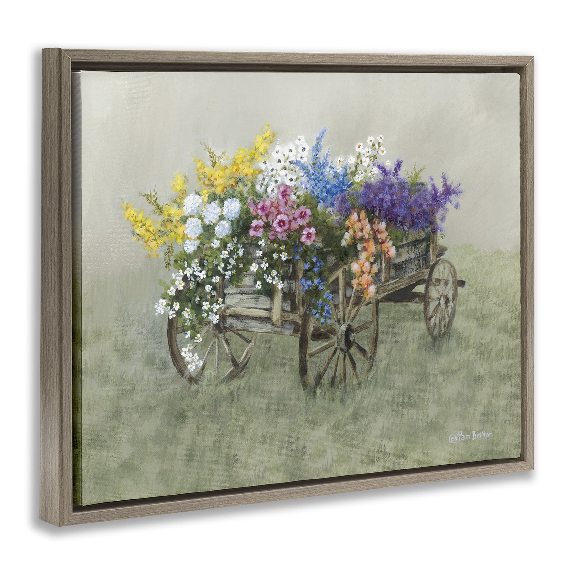 Stupell Industries Floral Filled Wagon Botanical & Floral Painting Brown Floater Framed Canvas Art Print Wall Art, 21 x 17