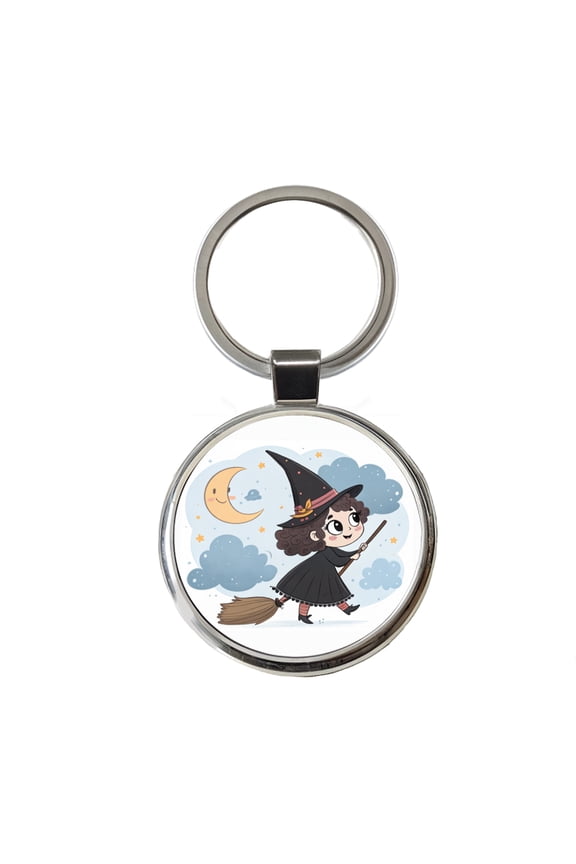 Kawaii Witch Broom Halloween Metal Round Keychain