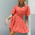 thumbnail image 4 of Robe d'Été pour Femmes Col Carré Manches Courtes Découpe Boho Élasticité Volants Superposés Robe Trapèze Mini, 4 of 7