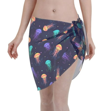 Qekee Sea Jellyfish Women s Short Sarongs Cover Ups Sheer Bikini Wraps for Swimwear