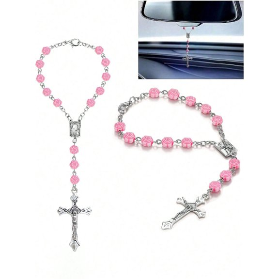 1pc Pink Rose Beaded Cross Ornament Elegant Rearview Mirror Hanging Decor Perfect Valentine's Day Gift