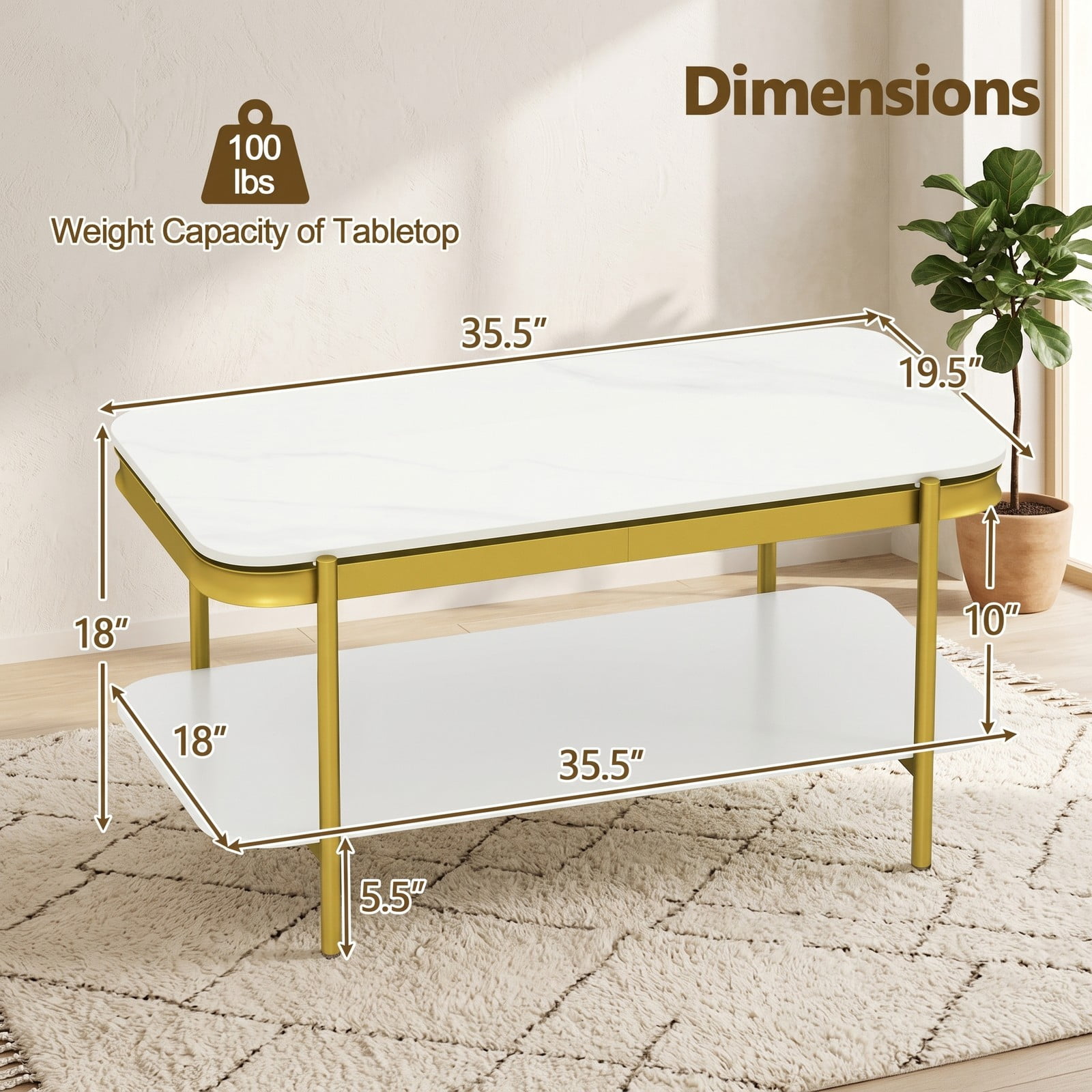 Furnibear 2-Tier Modern Rectangular Coffee Table with Sintered Stone Top, Living Room Center Table with Open Storage Shelf, Scratch-Resistant Waterproof Metal, White