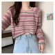 thumbnail image 4 of Lindo suéter de manga larga con cuello redondo dulce color retro raya casual suéter corto, 4 of 8