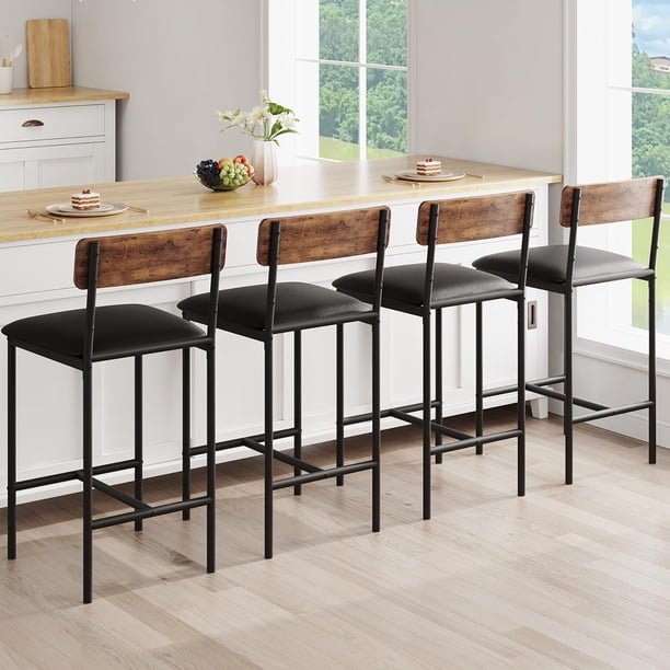 Set of 4 brown kitchen bar stools con footrest - pu forrado counter height, backrest, fácil montaje para kitchen island, apartment o counter bar