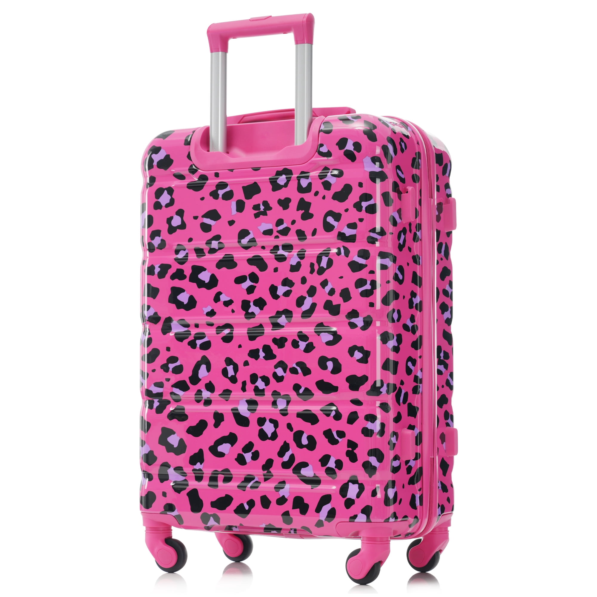 3 Piece Luggage Set, Fuchsia Leopard Print ABS+PC Hard Shell Suitcase, 20 Inch Airline Approved Carry-on with USB Port, Spinner Wheels & Side Hooks