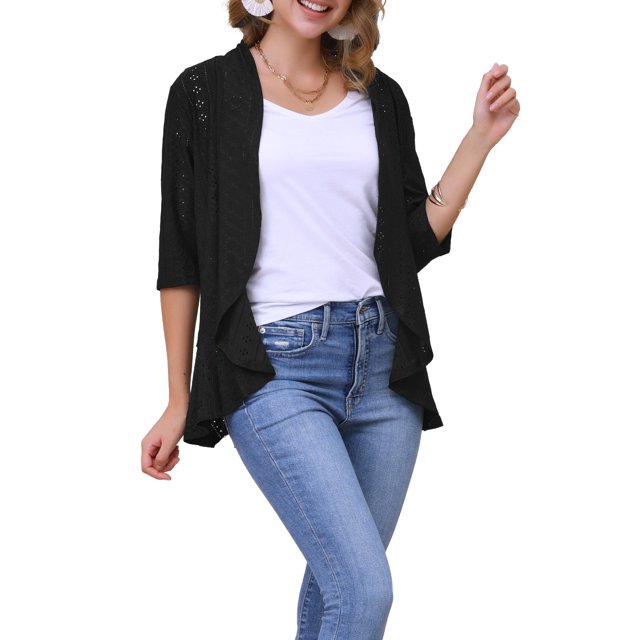 Cárdigan Casual Abierto de Ropa de Mujer con Volantes de Manga 3/4 de Ojales Chic para el Día de San Valentín S Negro