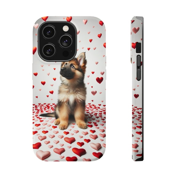 DistinctInk Tough Case for Apple iPhone 14 PRO (6.1" Screen), Compatible with MagSafe Charging - Valentine's Day German Shepherd Dog Puppy