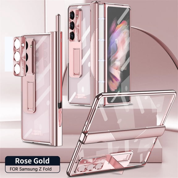 Rugged Clear Case for Samsung Galaxy Z Fold 4 with Magnetic Hinge Protection Built-in Screen Protector, with Stylus Hidden Kickstand Lens Protection Plating Shockproof Luxury Case,Rosegold